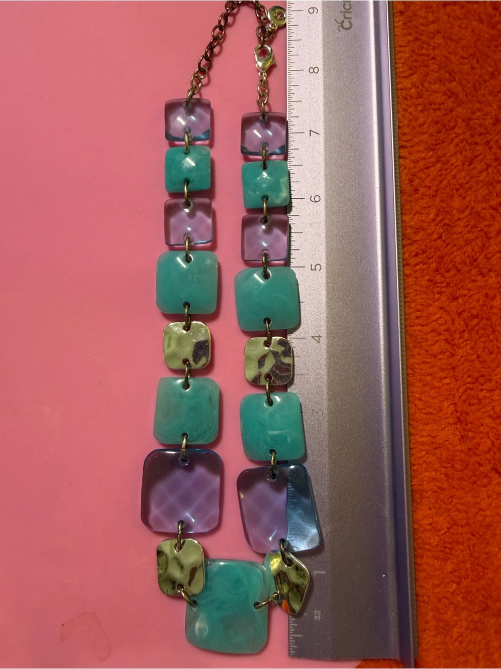 J.Crew Vintage Statement Necklace Teal Purple Resin Squares Gold Tone 18”